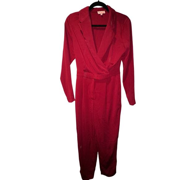 RE:NAMED Womens Red Jumpsuit V-Neck Long Sleeve Tie Waist Dress XS - Picture 3 of 4